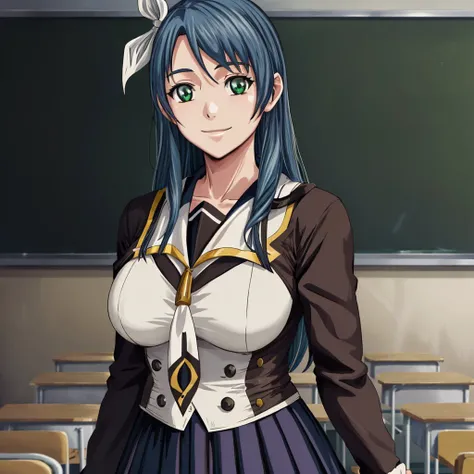 otokawa_saori, blue_hair, green_eyes,  large breasts,  hair ribbon,  blue school_uniform, skirt, classroom, standing, smile, facing viewer, serafuku <lora:otokawa_saori_v1:0.8>, masterpiece, best quality
