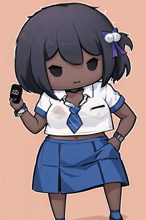 jelonaga, dark skin, dark-skinned female, side ponytail, hair ornament, hairclip, white shirt, bra visible through clothes, breast pocket, black choker, blue necktie, purple scrunchie, bracelet, blue skirt, thigh strap, <lora:Char_NIKKE_Naga:1>, chibi, <lora:Style_Walfie:1.1>