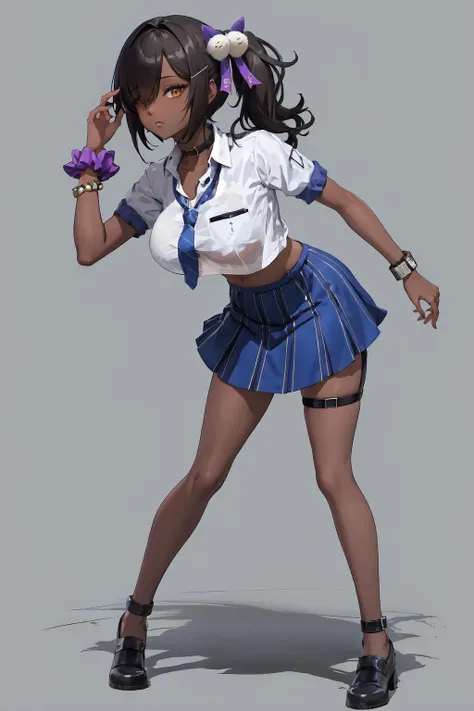 jelonaga, dark skin, dark-skinned female, side ponytail, hair ornament, hairclip, white shirt, bra visible through clothes, breast pocket, black choker, blue necktie, purple scrunchie, bracelet, blue skirt, thigh strap, <lora:Char_NIKKE_Naga:1>, simple background, full body, white background, <lora:Pos_SSBURenders:1>, leaning forward, solo,