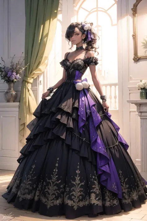 <lora:wrenchelegadome:1>, wrenchelegadome, 1girl, light smile, jewelry, full body, indoors, high ponytail, messy hair, floating hair, multicolored clothes, stole, patterned clothing, <lora:naga_nikkev2:1>, jelonaga, side ponytail, hair ornament, hairclip, bra visible through clothes, black choker, purple scrunchie, bracelet, dark skin, dark-skinned female,
