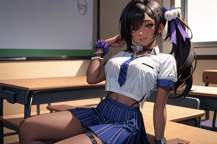 ((Masterpiece, best quality,edgQuality)),smiling,excited,
1girl,solo,classroom,sitting on desk,holding smartphone,jelonaga,side ponytail,hair ornament,hairclip,white shirt,bra visible through clothes,breast pocket,black choker,blue necktie,purple scrunchie,bracelet,blue skirt,thigh strap,looking at viewer,smile,<lora:naga_nikkev2:1>,