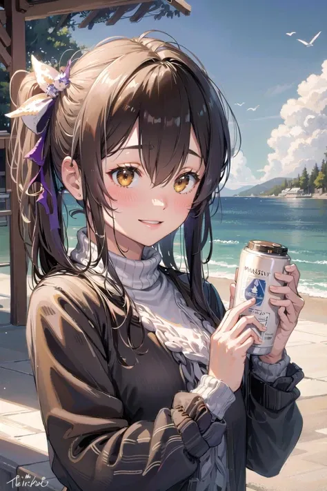(masterpiece:1.3),(highly detailed:1.3),(highres:1.1),best quality,Ultra-detail,1girl,solo,outdoors,jelo-naga \(nikke\),side ponytail,hair ribbon,edgPO,wearing edgPO pullover,white sweater,smile,blush,<lora:naga_nikke:0.7>,<lora:edgPullovers:1>,