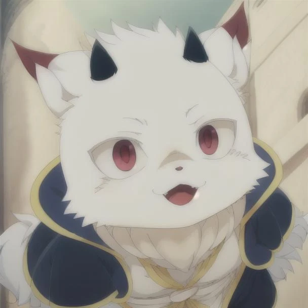 (((anime style))) , <lora:Richard Niehime to Kemono no Ou:1> , Richard , Demon King child , ears , ((((bright color)))) , ((very high quality)) , black little horn , white fur , beige castle background , standing , close up , smiling , chubby face ,