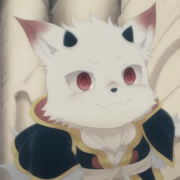 (((anime style))) , <lora:Richard Niehime to Kemono no Ou:1> , Richard , Demon King child , ears , ((((bright color)))) , ((very high quality)) , black little horn , white fur , beige castle background , standing , close up , smiling , chubby face ,