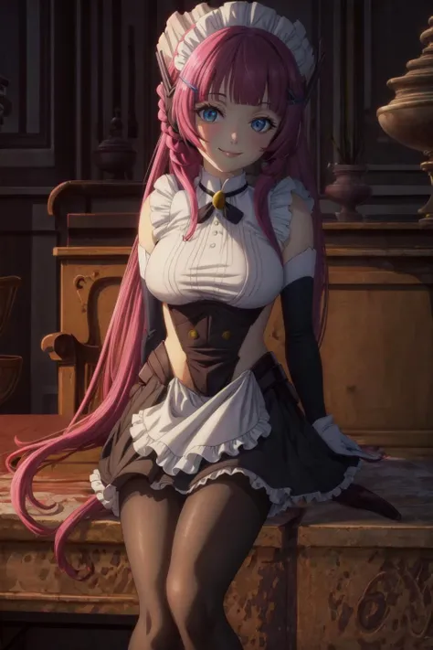 <lora:HNTSADL_Rose_by_minion-46:0.7> hntsadl_rose, maid, skirt, maid apron, black sleeves, hairclip, pantyhose, sitting, legs crossed, smile, looking at viewer, by artgerm, cinematic 4k wallpaper,ultra detailed, high resolution, artstation, award winning, cowboy shot, 1girl, solo