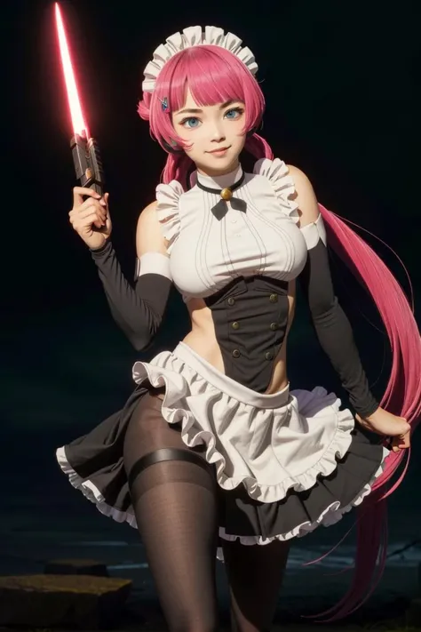 <lora:HNTSADL_Rose_by_minion-14:0.72> hntsadl_rose, side cutout, maid apron, detached sleeves,black sleeves, pantyhose, angry, holding weapon, glowing weapon, energy sword, double-bladed, double-sided weapon, looking at viewer, 1girl, solo:1.2, smile, looking at viewer, high contrast, sharp focus, masterpiece, best quality, highly detailed, HDR, highest quality, highres, sharp focus, 8k, 16k, skin pores, dynamic lights, realistic shadows, best shading, award winning masterpiece