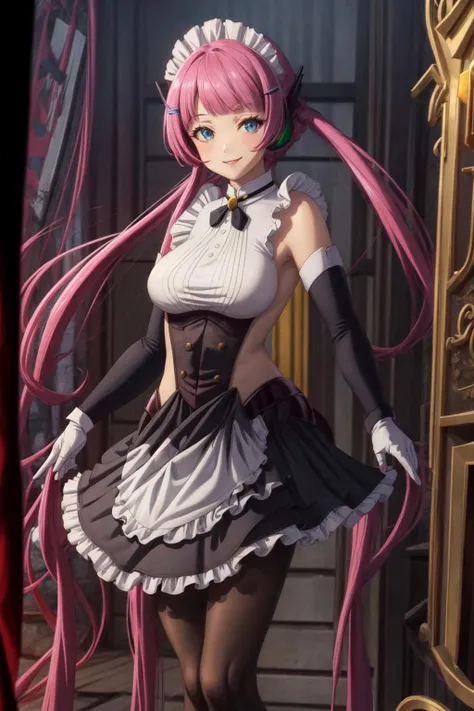 <lora:HNTSADL_Rose_by_minion-46:0.7> hntsadl_rose, maid, skirt, maid apron, black sleeves, hairclip, pantyhose, dynamic pose, smile, looking at viewer, by artgerm, cinematic 4k wallpaper,ultra detailed, high resolution, artstation, award winning, cowboy shot, 1girl, solo