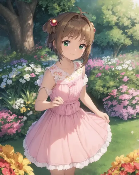 Anime girl in pink dress standing in a garden with flowers - SeaArt AI