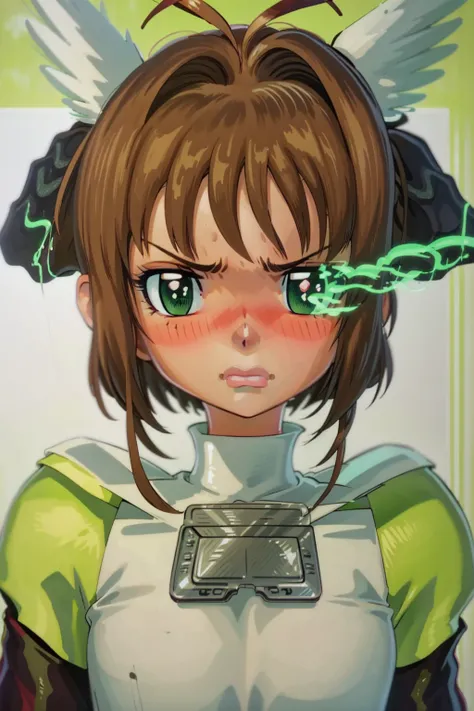 masterpiece, highres, upper body portrait, kinomoto_sakura, 1girl, angry, green starry eyes, blush, magical girl, green flaming eye, green eye trail, flaming eye, eye trail, marker \(medium\), traditional media <lora:FlamingEye:1> <lora:cardcaptorSakura_sakuraEpoch6:0.80> <lora:OmarDogan_08v2:0.9>