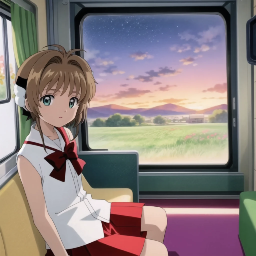kinomoto_sakura, green eyes, wearing (tomoeda__school_unilooking_at_viewer, 1girl, in the inside of a (((train))), ((orange)) luxe seats, grass fields at the window, night, night_sky, sleepy, petals,((flowers)), sky, sleeveless, space, starry_sky, cloud, mountainous horizon, mountain, colorfull, backlighting, anime, octane, 8k, masterpiece