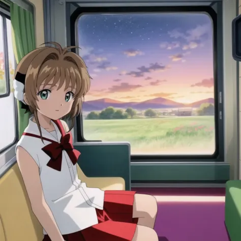 kinomoto_sakura, green eyes, wearing (tomoeda_elementary_school_uniform),looking_at_viewer, 1girl, in the inside of a (((train))), ((orange)) luxe seats, grass fields at the window, night, night_sky, sleepy, petals,((flowers)), sky, sleeveless, space, starry_sky, cloud, mountainous horizon, mountain, colorfull, backlighting, anime, octane, 8k, masterpiece