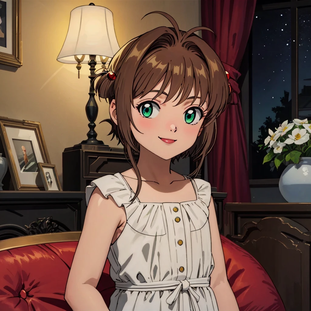 masterpiece, 1girl, highres, kinomoto_sakura, green eyes, face focus, wearing (simple white silk dress:1), smiling, looking at viewer, petite
BREAK
(midnight:1), starry sky, darkness, moody lighting, in the living room
BREAK
realistic lighting, very detailed, full of detail