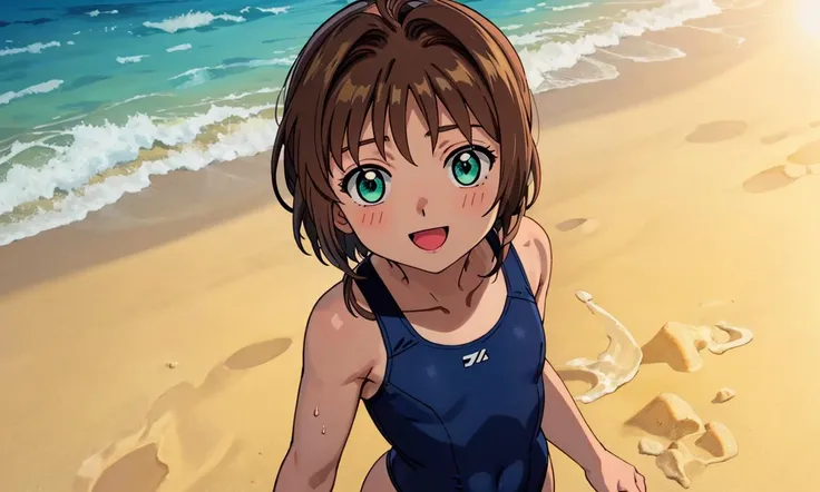 masterpiece, 1girl, highres, kinomoto_sakura, green eyes, wearing (one-piece swimsuit), good mood, on the beach
BREAK
(upper body), very detailed, full of detail, blue sky, sun, cinematic lighting, sand, sea, nibble, (sunset), view from above