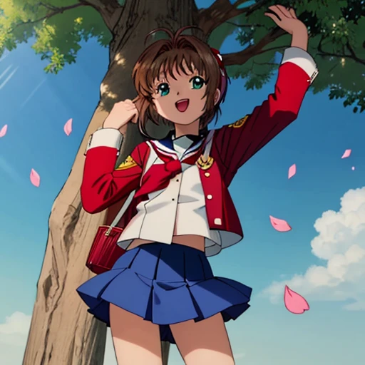 masterpiece, 1girl, highres, kinomoto_sakura, green eyes, wearing (tomoeda_elementary_school_uniform), happy, at the parc
BREAK
(full body), very detailed, full of detail, blue sky, sun, cinematic lighting, tree, sakura flower, sakura petal floating around