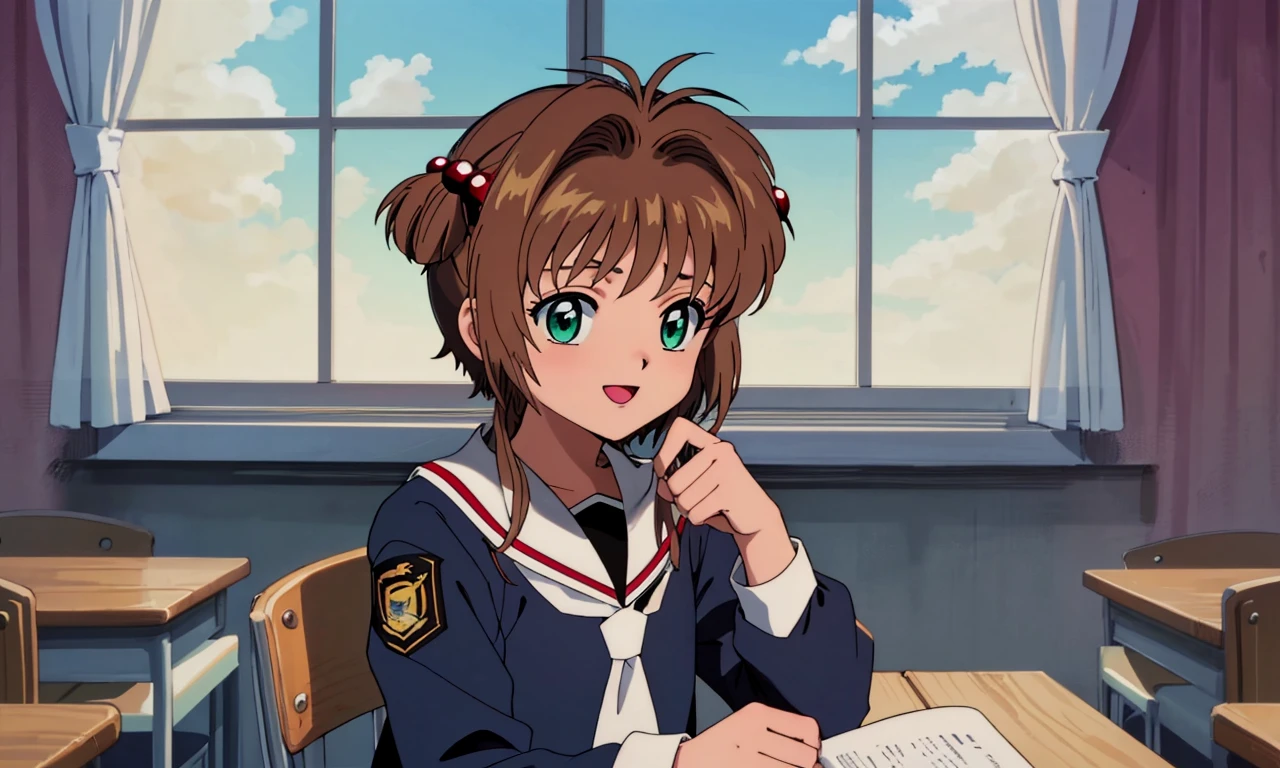 masterpiece, 1girl, highres, kinomoto_sakura, green eyes, wearing (tomoeda__school_uni good mood, at school
BREAK
(upper body), very detailed, full of detail, blue sky, sun, cinematic lighting, desk, chair, window, students