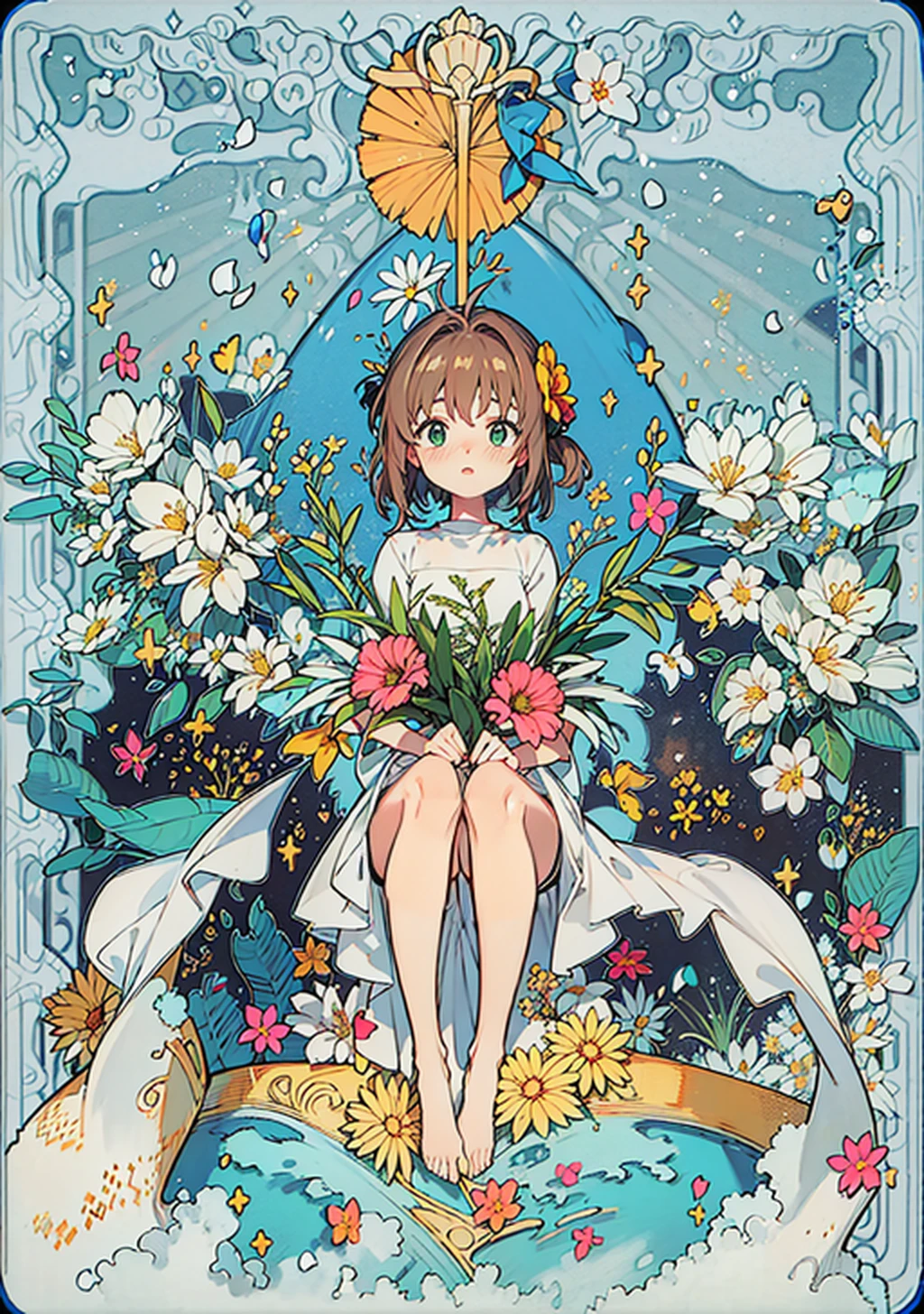 (((masterpiece))),(((best quality))),((ultra-detailed)),(illustration), 4k, simple, higres, simle background, extremely_detalled_wallpapper, medium shoot,
(Realistic painting style:0.9),(faux traditional media:1.0),
town,
kinomoto_sakura with green eyes, shy, blush, hair ornament,
, sakura flower, sakura petal floating around,
1girl,
tarot,
flower field, sakura tree, grass, bloom, sunbeam,
<lora:sakuraKinomoto_sakuraV2Epoch6:0.7>,
<lora:animeTarotCardArtStyleLora_v20Offset:0.9>