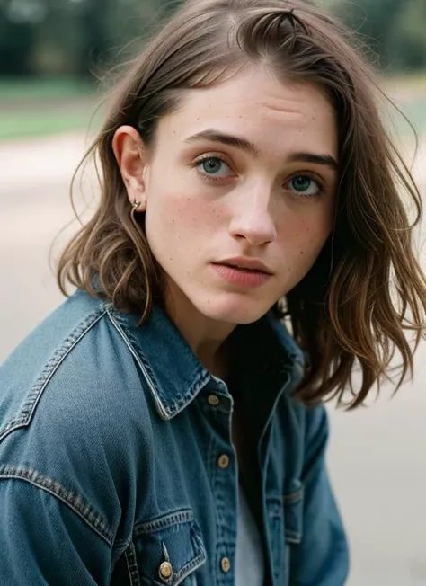 A stunning intricate color close up portrait of (sks woman:1) , wearing Flannel shirt and jeans, epic character composition, sharp focus, natural lighting, subsurface scattering, f2, 35mm, film grain, , by Dorothea Lange, <lora:lora-small-natalie-dyer-v1:1>