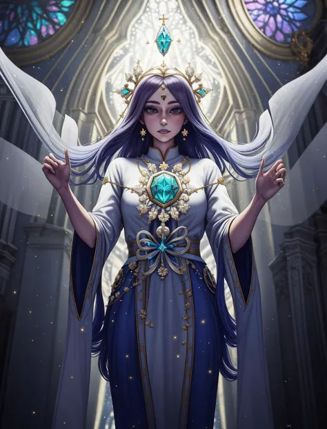 (style-swirlmagic:1.0), character focus, portrait, looking at viewer, solo, half shot, detailed background, detailed face, (<lora:FiveDecorsAIx3:0.4>, crystallineAI, crystalline theme:1.1) priest, robes, purple hexagonal symbols, headdress, dynamic pose, giving blessing, church, altar, divine light, (hovering candles:0.8), mural, floating particles, sacred texts, swirling lights emanating, urn, ethereal atmosphere, reflections, , <lora:sciamano240:0.75>
