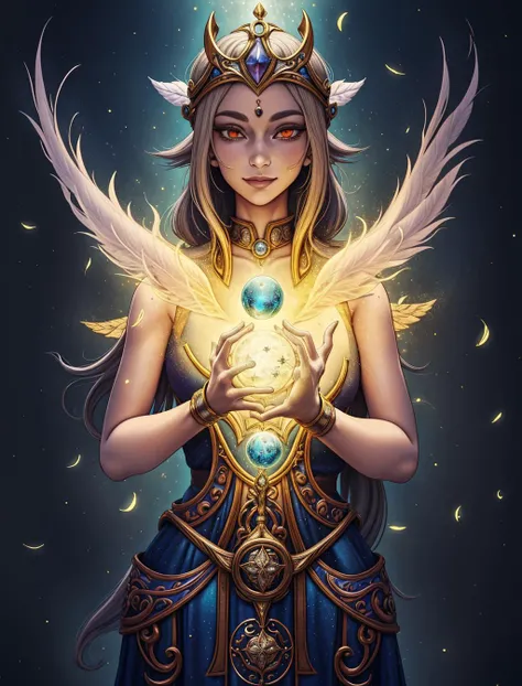 (style-swirlmagic:0.8), portrait, looking down, solo, upper body, detailed background, (<lora:RootsBranchesAIv5:0.4>, RootsBranchesAI theme:1.1) glowing eyes, gentle smile, high fantasy, cleric, casting healing spell, hovering in air, nature, floating feathers, light brown clothes, gloves, magic orb, divine spell, mana, bright realistic lighting, fairytale village in background, brazier, , <lora:sciamano240:0.75>