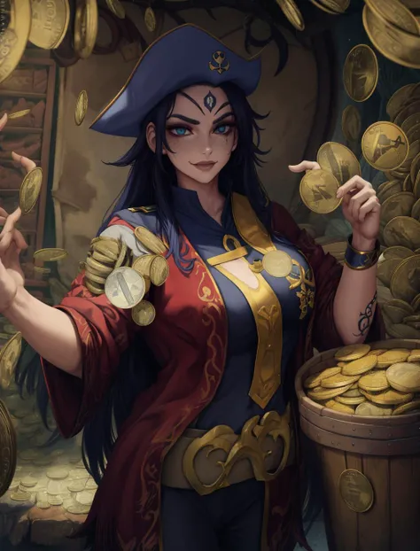 <lora:CulturePunkBundle:0.3>, piratepunkai, skin, character focus, portrait, freckles, looking up, solo, (full body:0.6), detailed background, greedy smile, cursed evil naval officer, rich pirate captain outfit, tattoos, dark fantasy theme, dark pirate cave, skulls, too much coin to count, doubloons, wooden crates, treasure chests, weapons, compass, treasure map, rum, barrels in background, treasure, , <lora:sciamano240:0.75>