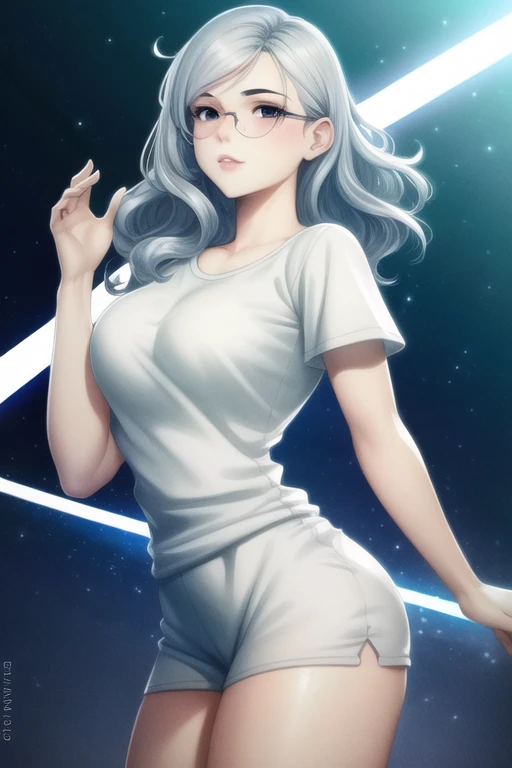 (best quality:1.0), young 1girl, solo, stunningly attractive, perfect feminine face, (cute:1.2), silver short wavy hair, playful, (white t-shirt), detailed background, black eyes, highres, dynamic angle, (cinematic lighting:1.2), (by Range Murata:1.0), (by Taka Tony:1.0), by Jeremy Lipking, cowboy shot, glasses
sciamano240 <lora:sciamano240StyleLora_1:0.65>