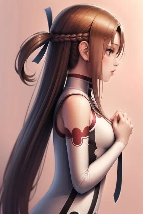 sciamano240, asuna \(sao\), 1girl, armor, artist name, bangs, braid, breastplate, breasts, brown eyes, brown hair, detached sleeves, deviantart username, fingernails, from side, half updo, interlocked fingers, lips, long hair, medium breasts, nose, parted lips, pink background, profile, realistic, signature, solo, teeth, upper body, white sleeves
(masterpiece), (best quality), (ultra-detailed), (best illustration), (best shadow), (an extremely delicate and beautiful)
<lora:sciamano240:0.6>