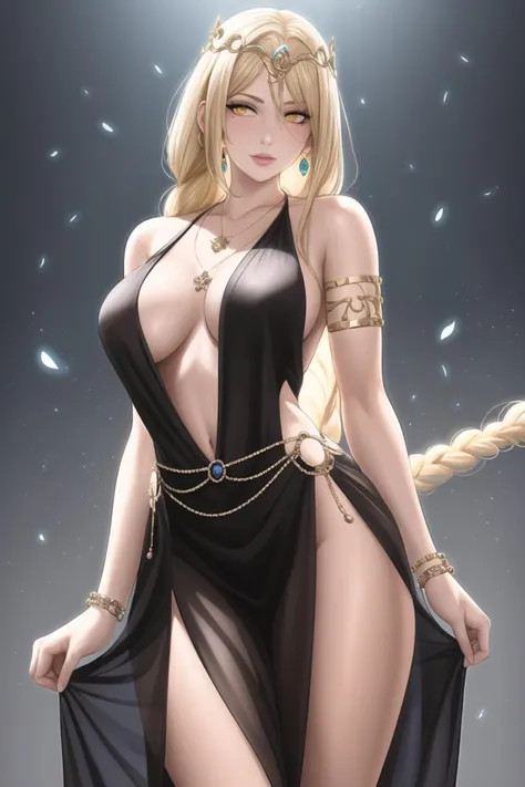 sciamano240, queen marika the eternal, elden ring, 1girl, armlet, artist name, black dress, blonde hair, bracelet, braid, breasts, collarbone, cowboy shot, crack, cracked skin, dated, dress, floral print, glowing, glowing eyes, halter dress, halterneck, jewelry, large breasts, lips, long hair, looking at viewer, mismatched eyebrows, mole, mole on thigh, necklace, plunging neckline, realistic, revealing clothes, signature, solo, standing, thighs, tiara, yellow eyes
(masterpiece), (best quality), (ultra-detailed), (best illustration), (best shadow), (an extremely delicate and beautiful)
<lora:sciamano240:0.6>