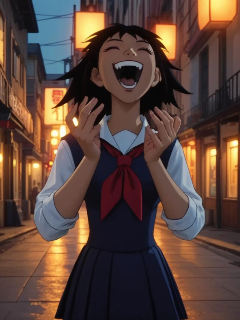 score_9, score_8_up, score_7_up, volumetric lighting,
mikotezumi, 1girl, solo, smile, open mouth, skirt, black hair, school uniform, closed eyes, laughing
<lora:titans_pony_v1:0.8>