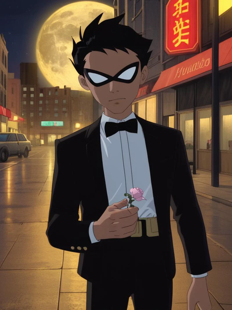 score_9, score_8_up, score_7_up, volumetric lighting,
robin tuxedo, solo, short hair, shirt, black hair, long sleeves, 1boy, bow, jacket, white shirt, flower, male focus, outdoors, pants, bowtie, black jacket, black bow, night, black pants, moon, black bowtie, mask, robin mask
<lora:titans_pony_v1:0.8>