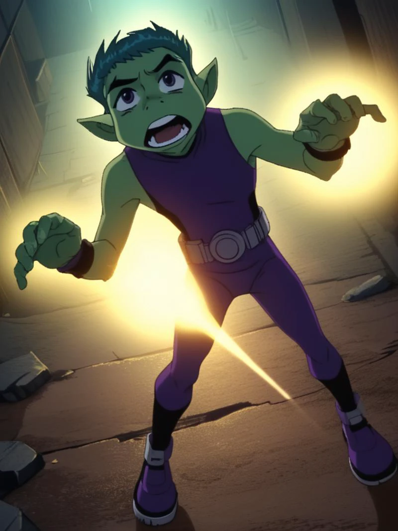 score_9, score_8_up, score_7_up, volumetric lighting,
beastboy, solo, open mouth, 1boy, male focus, pointy ears, belt, bodysuit, colored skin, looking up, green skin, purple bodysuit
<lora:titans_pony_v1:0.8>