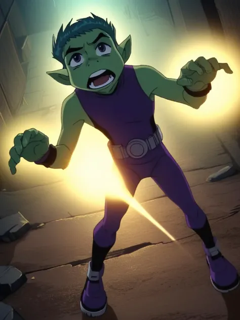 score_9, score_8_up, score_7_up, volumetric lighting,
beastboy, solo, open mouth, 1boy, male focus, pointy ears, belt, bodysuit, colored skin, looking up, green skin, purple bodysuit
<lora:teentitans_pony_v1:0.8>