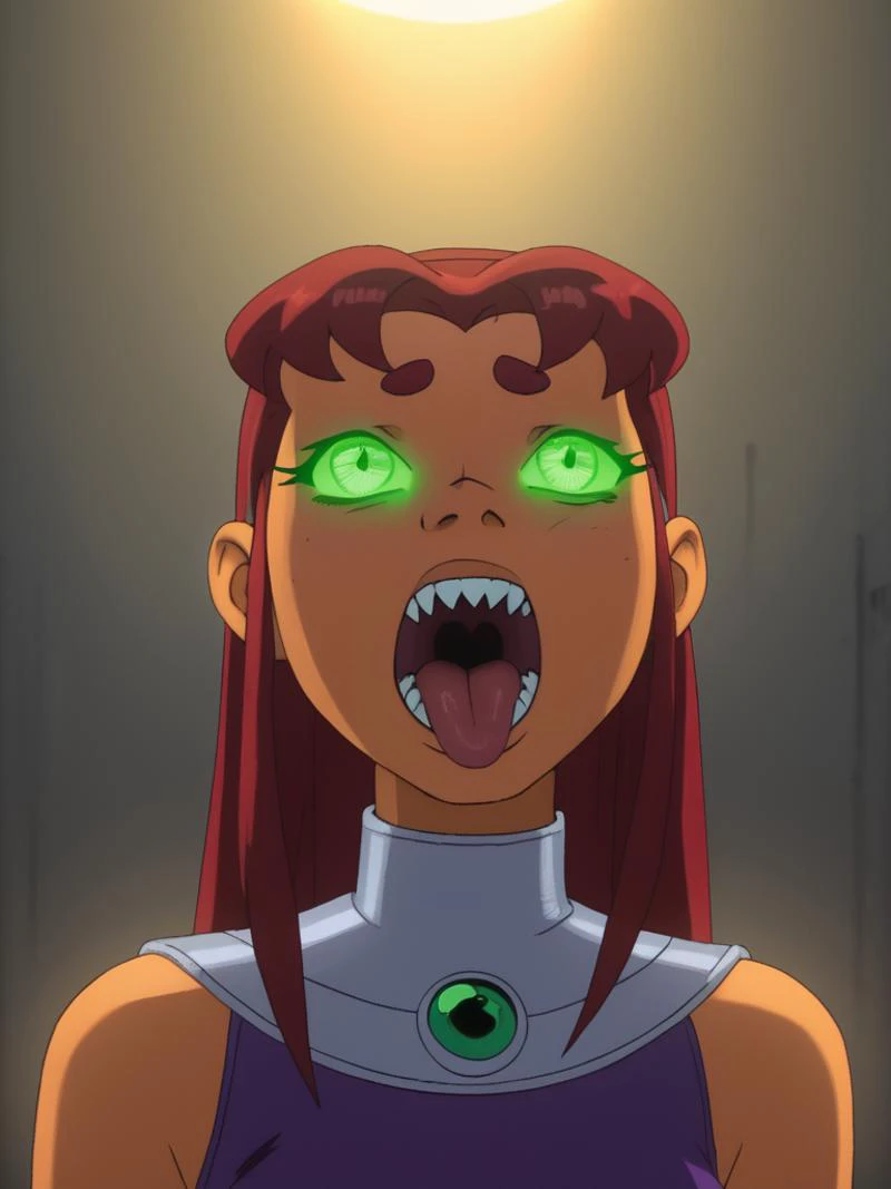 score_9, score_8_up, score_7_up, volumetric lighting,
starfire, 1girl, solo, open mouth, green eyes, teeth, tongue, glowing, sharp teeth, glowing eyes
<lora:teentitans_pony_v1:0.6>