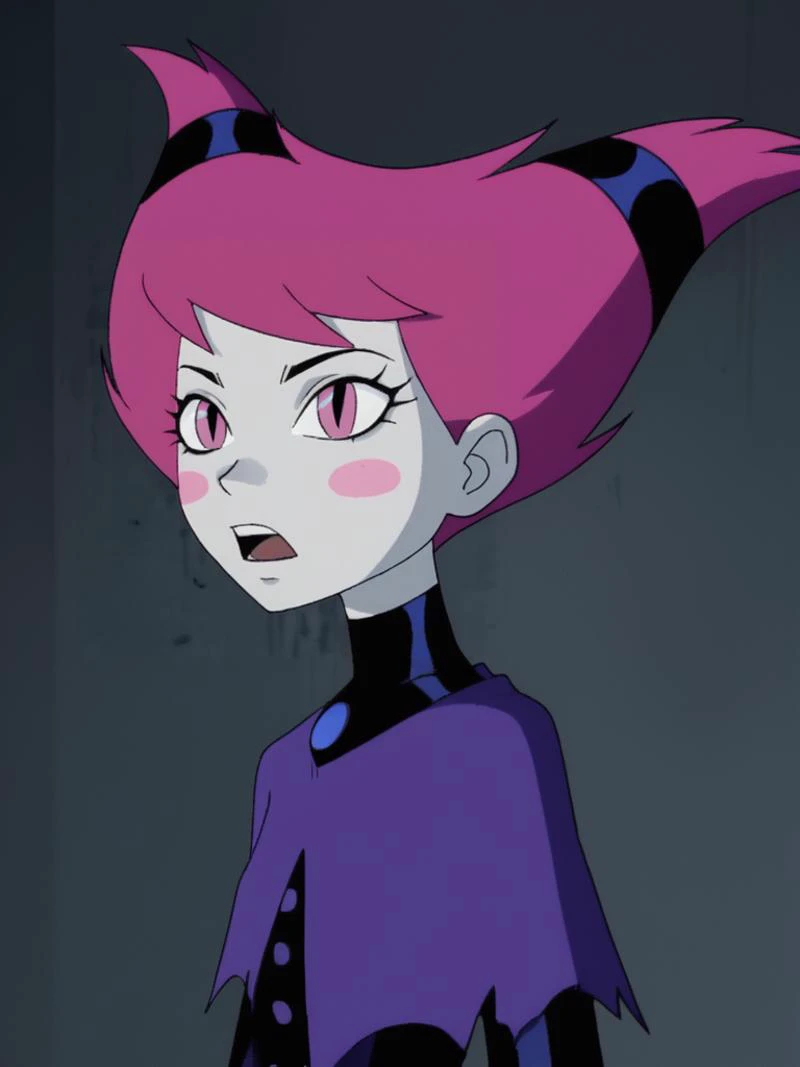 score_9, score_8_up, score_7_up, volumetric lighting, 
jinx, 1girl, solo, short hair, open mouth, purple eyes, purple hair, colored skin, blush stickers
<lora:teentitans_pony_v1:0.6>