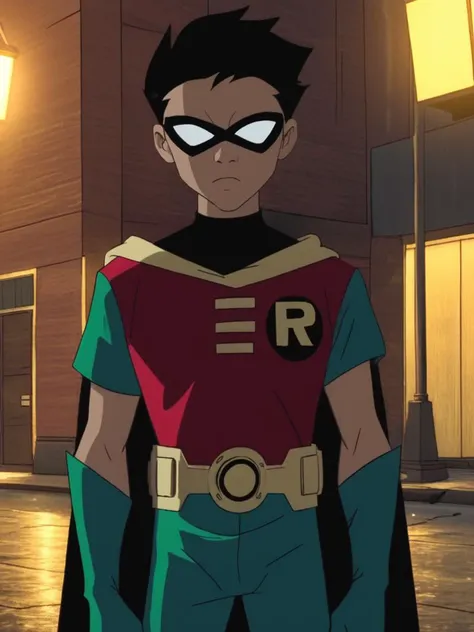 score_9, score_8_up, score_7_up, volumetric lighting,
robin, solo, black hair, 1boy, male focus, belt, cape, mask, superhero
<lora:teentitans_pony_v1:0.8>
