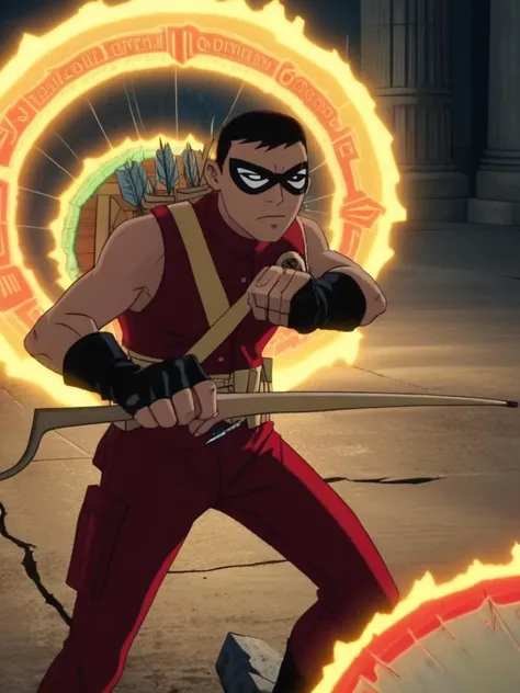 score_9, score_8_up, score_7_up, volumetric lighting,
speedy, solo, gloves, 1boy, weapon, male focus, fingerless gloves, mask, arrow, holding bow, quiver, domino mask, red sleeveless
<lora:teentitans_pony_v1:0.8>
