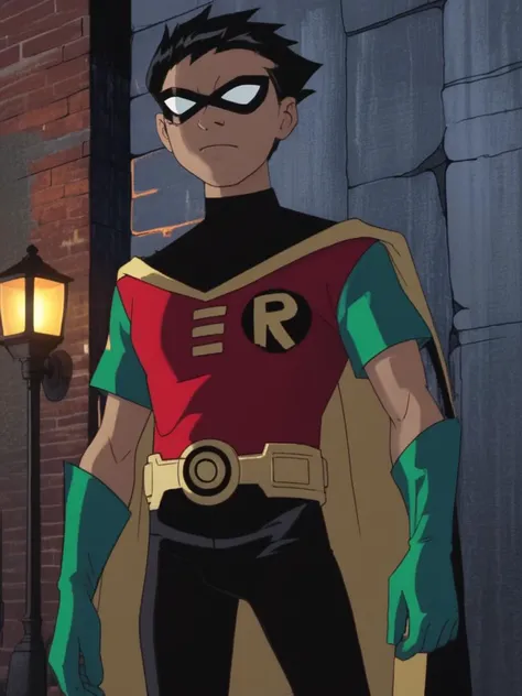 score_9, score_8_up, score_7_up, volumetric lighting,
robin, solo, black hair, 1boy, male focus, belt, cape, mask, superhero
<lora:teentitans_pony_v1:0.8>