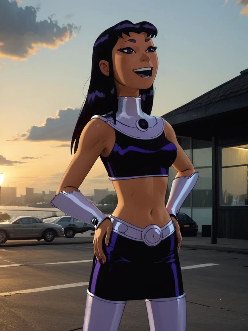score_9, score_8_up, score_7_up, volumetric lighting,
blackfire, 1girl, long hair, smile, open mouth, black hair, hands on hips
<lora:titans_pony_v1:0.8>