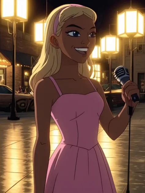 score_9, score_8_up, score_7_up, volumetric lighting,
kitten, 1girl, solo, long hair, smile, blonde hair, pink dress, hairband, dark skin, dark-skinned female, microphone
<lora:teentitans_pony_v1:0.8>