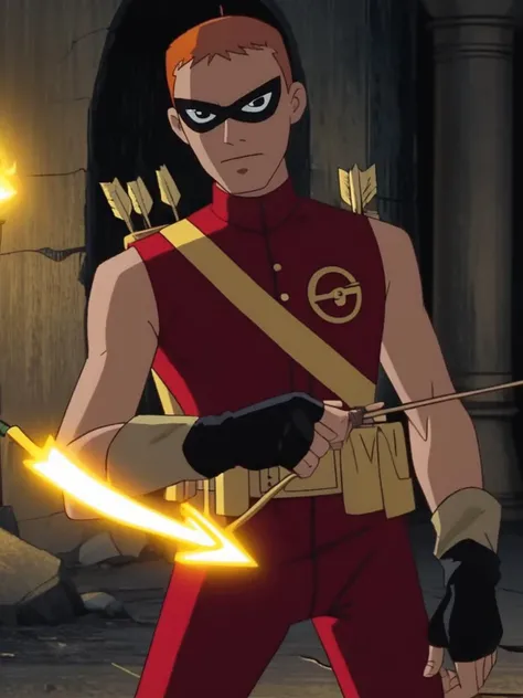 score_9, score_8_up, score_7_up, volumetric lighting,
speedy, solo, gloves, 1boy, weapon, male focus, fingerless gloves, mask, arrow, holding bow, quiver, domino mask, red sleeveless
<lora:teentitans_pony_v1:0.8>