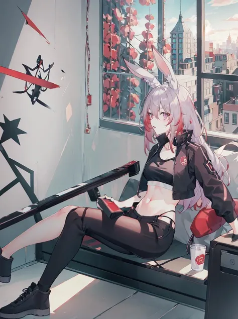 (masterpiece, best quality, ultra-detailed, best shadow), <lora:Leos:0.8>,1girl, long rabbit ears, animal ears, red and white hair, violet eyes, crop top, crop top jacket, cargo pants, sneakers, new apartment, soft sofa, light walls, light falls from the window, big window, old city in the window