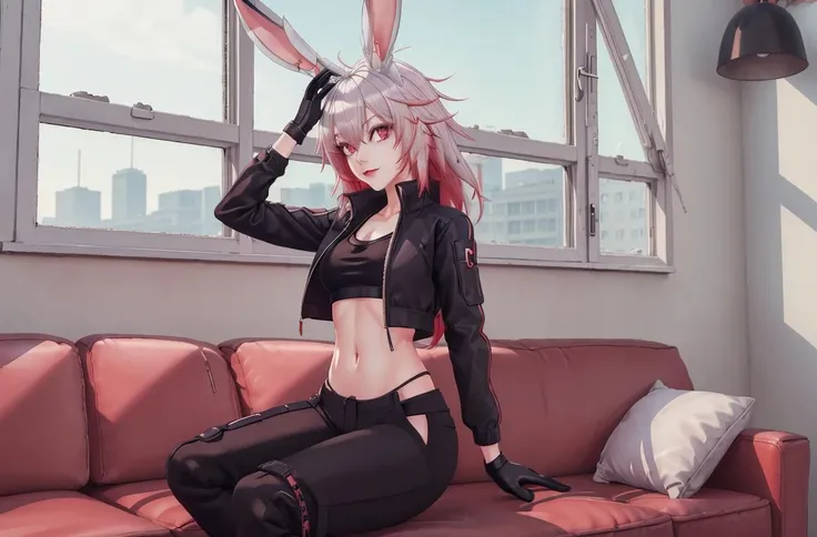 (masterpiece, best quality, ultra-detailed, best shadow), <lora:Leos:0.8>,1girl, long rabbit ears, animal ears, red and white hair, violet eyes, crop top, crop top jacket, cargo pants, sneakers, new apartment, soft sofa, light walls, light falls from the window, big window, old city in the window