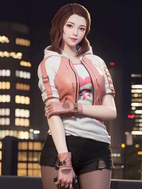 CFkongQF, 1girl, solo,pantyhose, brown hair, looking at viewer, hood, drawstring,torn clothes, brown eyes, black shorts,long hair, hood down, lips, jacket, gloves, smile, breasts, open clothes, zipper,hand on hip, mature female, cityscape, night, <lora:CFkongQF:0.75>,