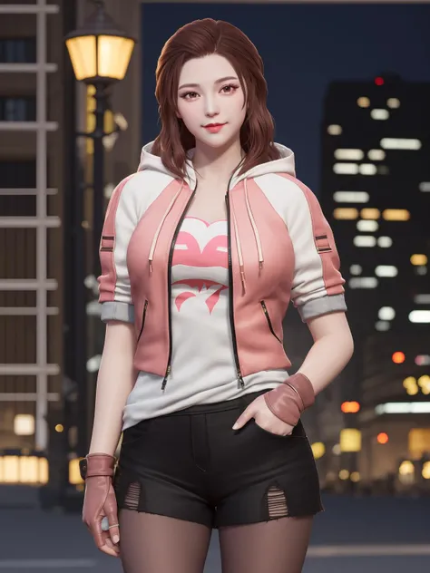 CFkongQF, 1girl, solo,pantyhose, brown hair, looking at viewer, hood, drawstring,torn clothes, brown eyes, black shorts,long hair, hood down, lips, jacket, gloves, smile, breasts, open clothes, zipper,hand on hip, mature female, cityscape, night, <lora:CFkongQF:0.75>