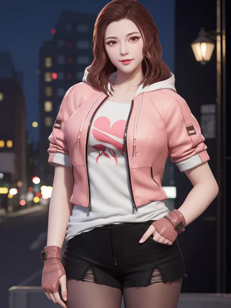 CFkongQF, 1girl, solo,pantyhose, brown hair, looking at viewer, hood, drawstring,torn clothes, brown eyes, black shorts,long hair, hood down, lips, jacket, gloves, smile, breasts, open clothes, zipper,hand on hip, mature female, cityscape, night, <lora:CFkongQF:0.75>,