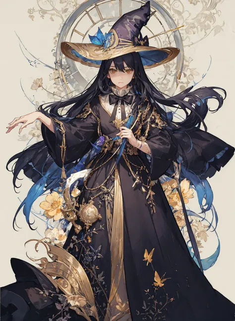 colorful butterfly,full body,witch hat,(detailed face:1.2),((Tarot border)),The portrait is centered,long hair,blunt bangs,brown eyes,standing,medium breasts,robe,Magic robe,Perfect body,Tie,(mature woman),bangs,long hair,pleated skirt,(((masterpiece))),bestquality,detailedice,beautifuldetailedwater,expressionless,(floatingpalaces),azurehair,disheveledhair,longbangs,hairs between eyes,black ribbon,white bowties,midriff,bigforhead,flower,Wearing black silk stockings,Tonalism,cinematic lighting,sparkle,illustration,high details,super detail,award winning,best quality,high quality,8k,(1girl),((solo)),jewelry,black legwear,