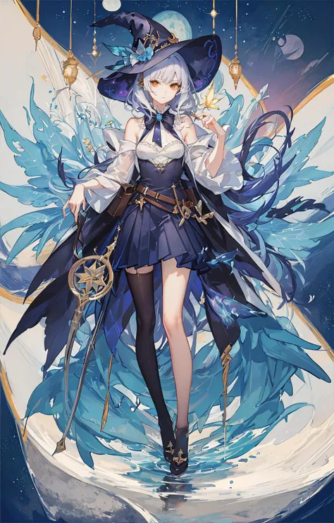 colorful butterfly,full body,witch hat,(detailed face:1.2),((Tarot border)),The portrait is centered,(no weapon),medium hair,blunt bangs,brown eyes,standing,medium breasts,robe,Magic robe,Perfect body,Tie,(mature woman),bangs,long hair,(female teacher),pleated skirt,(((masterpiece))),bestquality,(beautifuldetailedgirl),beautifuldetailedglow,detailedice,beautifuldetailedwater,(beautifuldetailedeyes),expressionless,(floatingpalaces),azurehair,disheveledhair,longbangs,hairsbetweeneyes,blackribbon,whitebowties,midriff,bigforhead,flower,Wearing black silk stockings,Tonalism,cinematic lighting,sparkle,illustration,high details,super detail,award winning,best quality,high quality,8k,