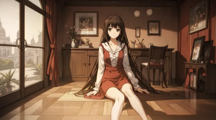 masterpiece, best quality,1girl, solo,brown eyes, long hair,brown hair, braid, looking at viewer, smile, dress, sitting, <lora:Almaria-000020:0.6>,indoor, wood floor,desk, <lora:GoodHands-beta2:1>, <lora:add_detail:0.5>