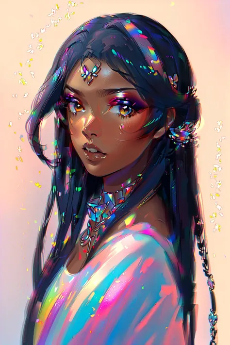 <lora:Dark_Fantasy:1>, Dark Fantasy, (masterpiece, best quality, ultra-detailed, highres, best illustration), perfect face, ((solo, solo focus)), sidelighting, lustrous skin, (bloom), (shine), ray tracing, volumetric rays, god rays, 1girl, solo, dark skin, jewelry, necklace, dark-skinned female, multicolored hair, lips, purple hair, upper body, brown eyes, breasts, bare shoulders, hair ornament, makeup, long hair, black hair, very dark skin, dreadlocks, depth_of_field, city background, very detailed background, extreme light and shadow, (detailed eyes), (beautiful) beautiful detailed eyes, perfect lighting, perfect anatomy, (extremely detailed illustrated 8k wallpaper), (masterpiece), (best quality), (ultra-detailed), (best illustration), (best shadow), vivid colors