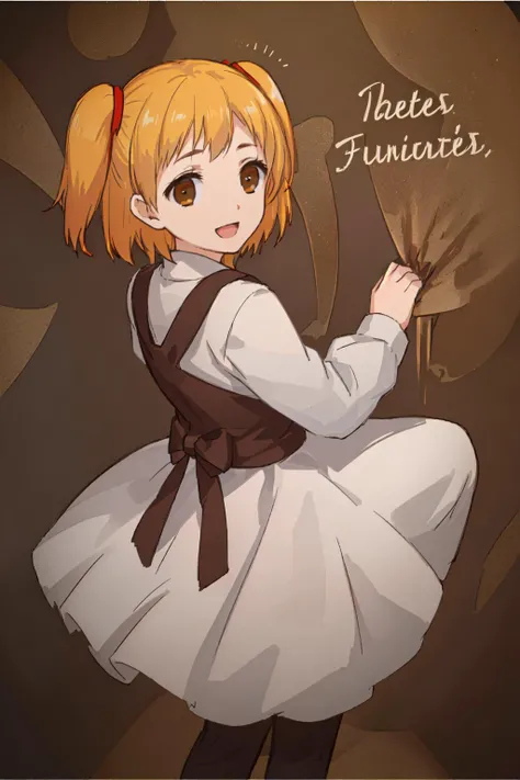 masterpiece,best quality,blonde hair,brown eyes, orange hair,<lora:Rakishu-000035:0.6>,long sleeves, dress, :d,one side ponytail, one side up,simple background, white background,