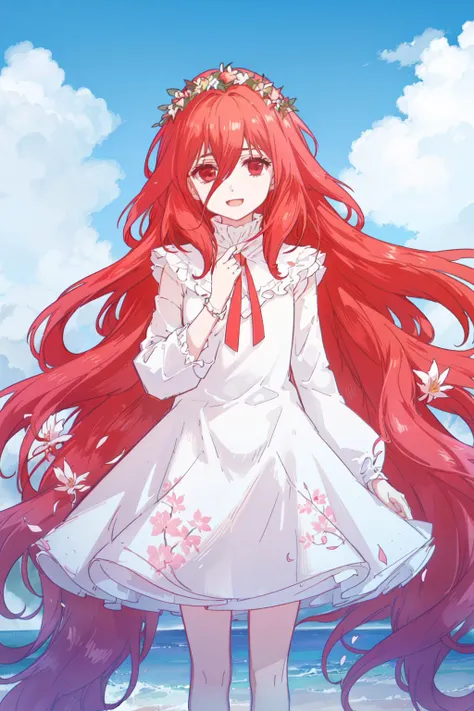 masterpiece, best quality, 1girl, solo,<lora:Eruku-000035:0.6>, long hair, smile, open mouth, red eyes, long sleeves, hair between eyes, very long hair, flower, red hair, hair flower, shoulder, flower wreath, standing, blue sky, cloud